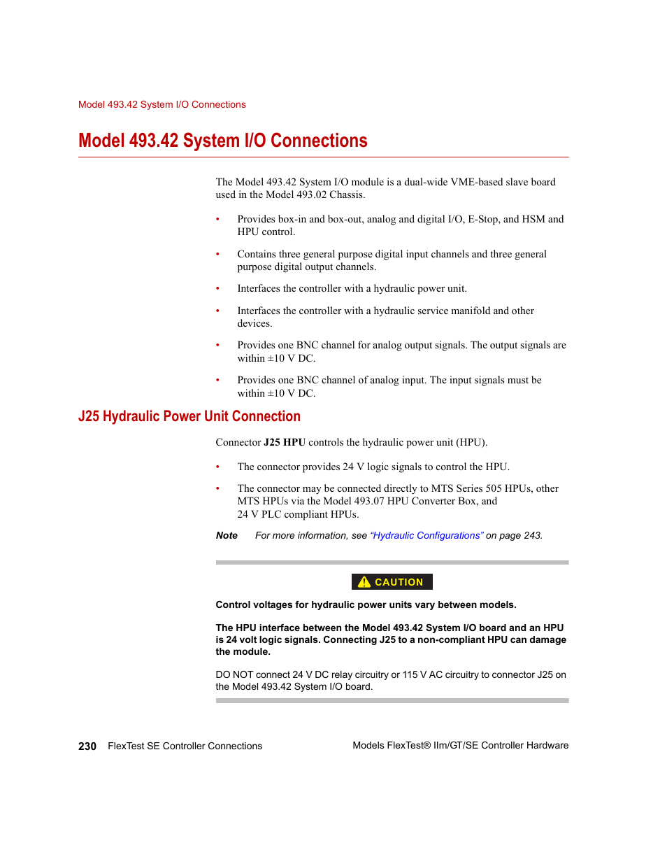Model 493.42 system i/o connections, J25 hydraulic power unit connection, Model 493.42 system i/o connections 230 | J25 hydraulic power unit connection 230 | MTS Model FlexTest SE User Manual | Page 230 / 264