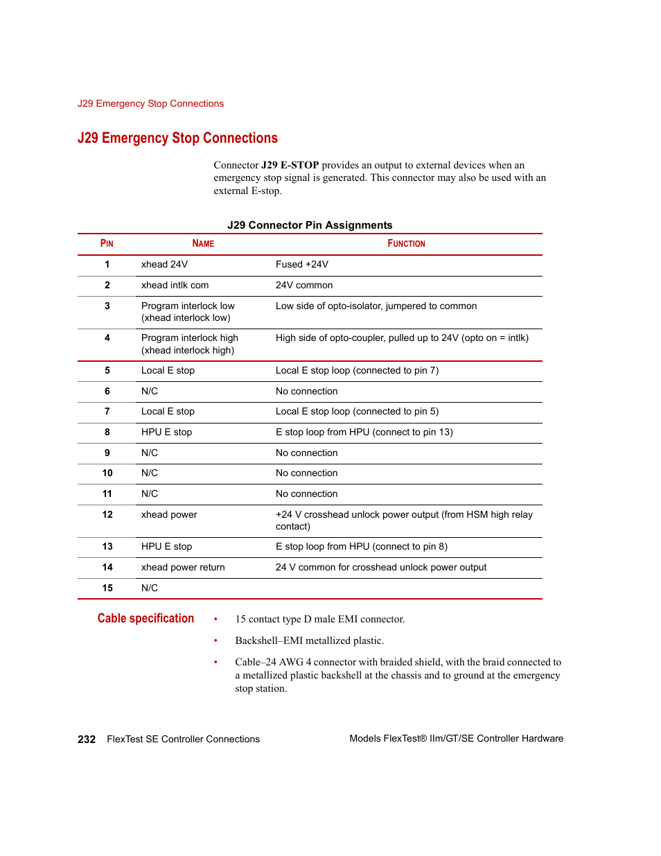 J29 emergency stop connections, J29 emergency stop connections 232, Cable specification | MTS Model FlexTest SE User Manual | Page 232 / 264