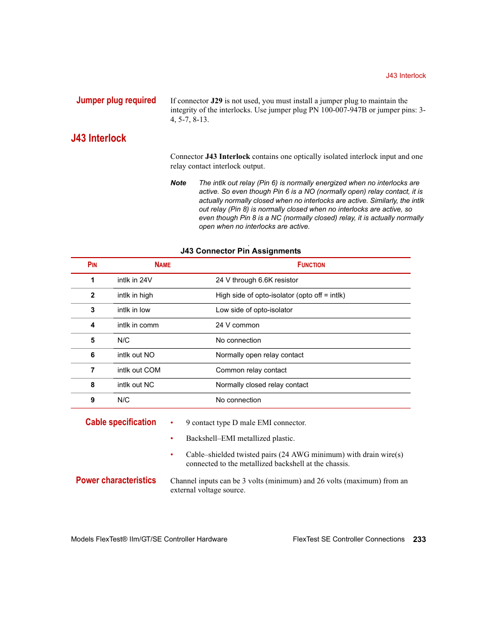 J43 interlock, J43 interlock 233, Jumper plug required | Cable specification, Power characteristics | MTS Model FlexTest SE User Manual | Page 233 / 264