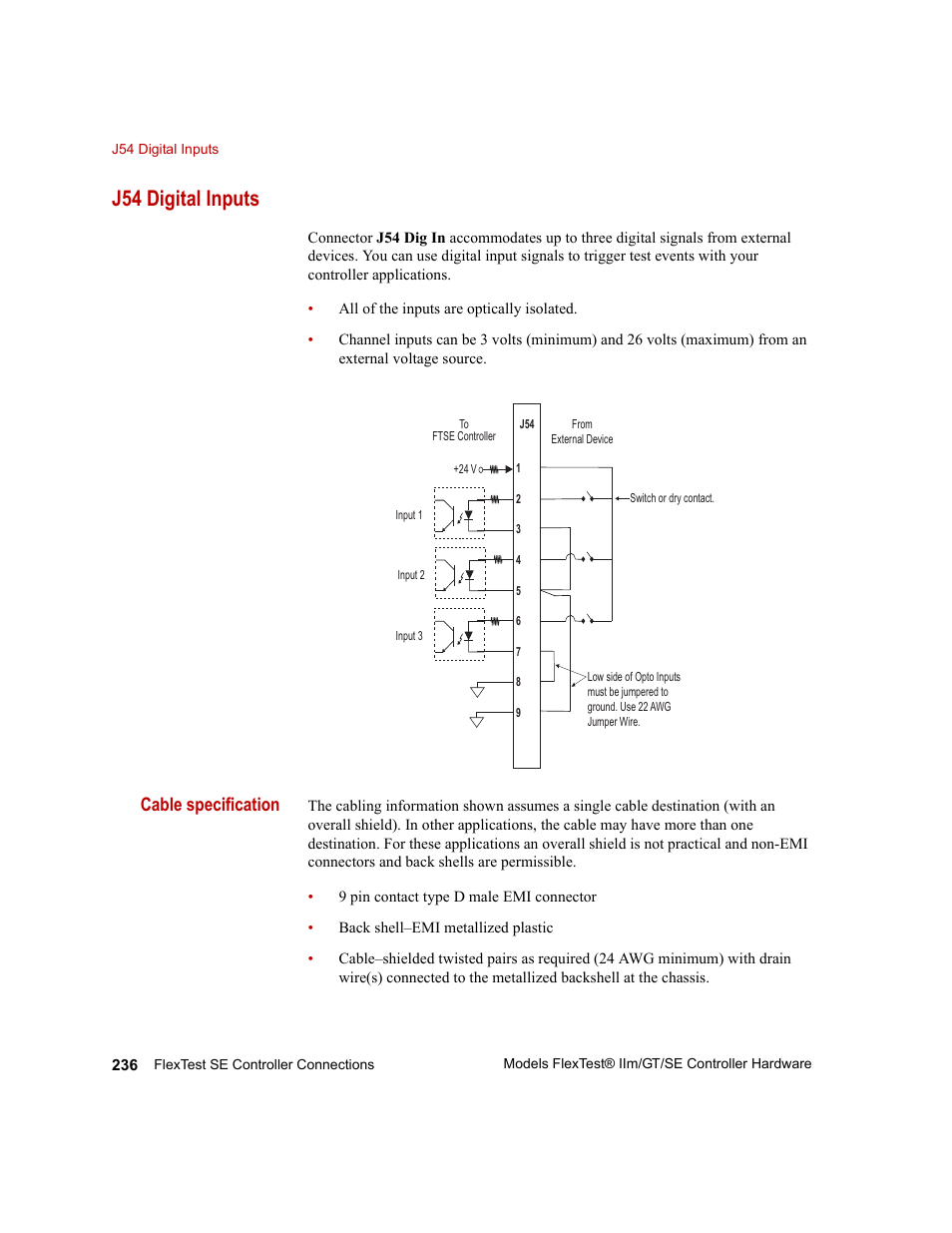 J54 digital inputs, J54 digital inputs 236, Cable specification | MTS Model FlexTest SE User Manual | Page 236 / 264