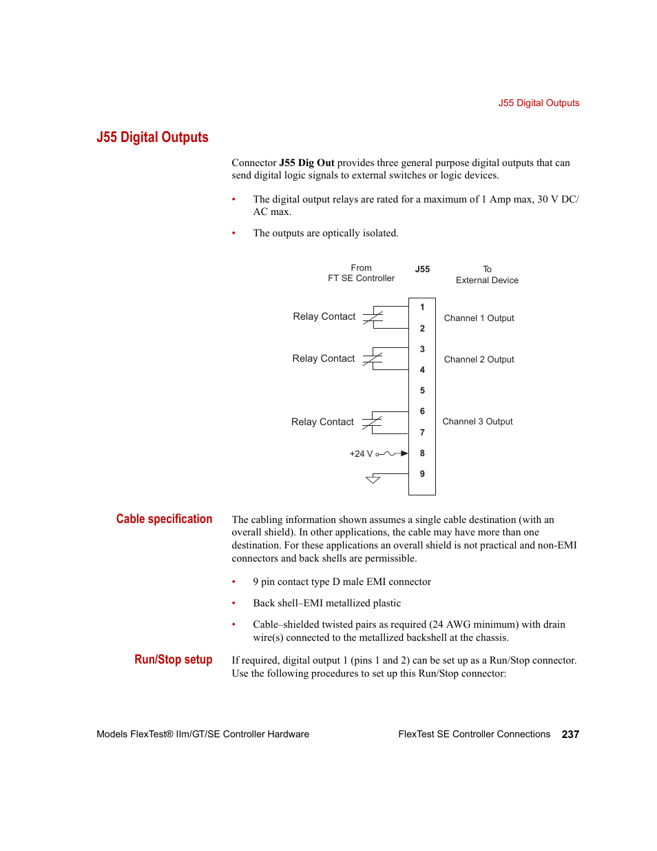 J55 digital outputs, J55 digital outputs 237, Cable specification | Run/stop setup | MTS Model FlexTest SE User Manual | Page 237 / 264