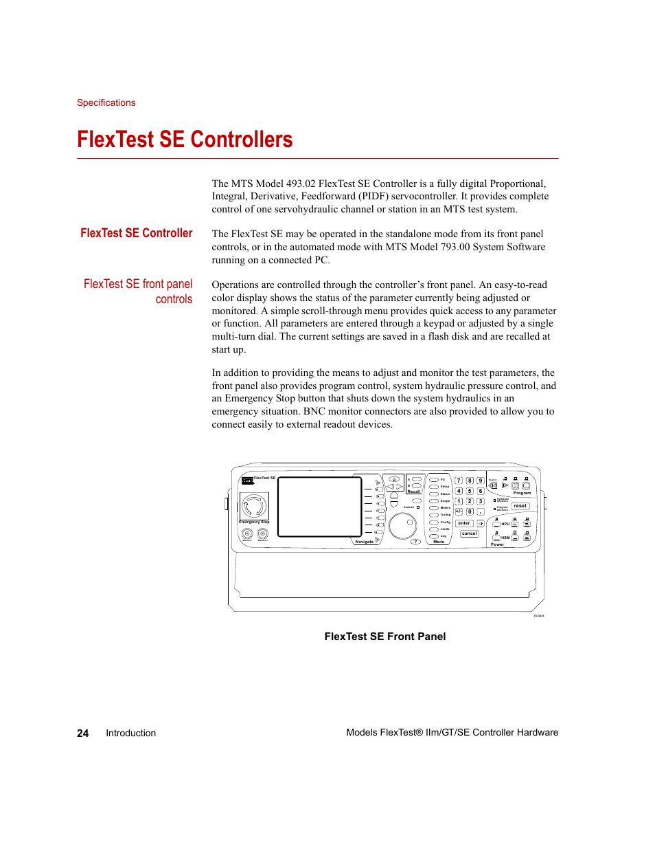 Flextest se controllers, Flextest se controllers 24, Flextest se controller | Flextest se front panel controls | MTS Model FlexTest SE User Manual | Page 24 / 264