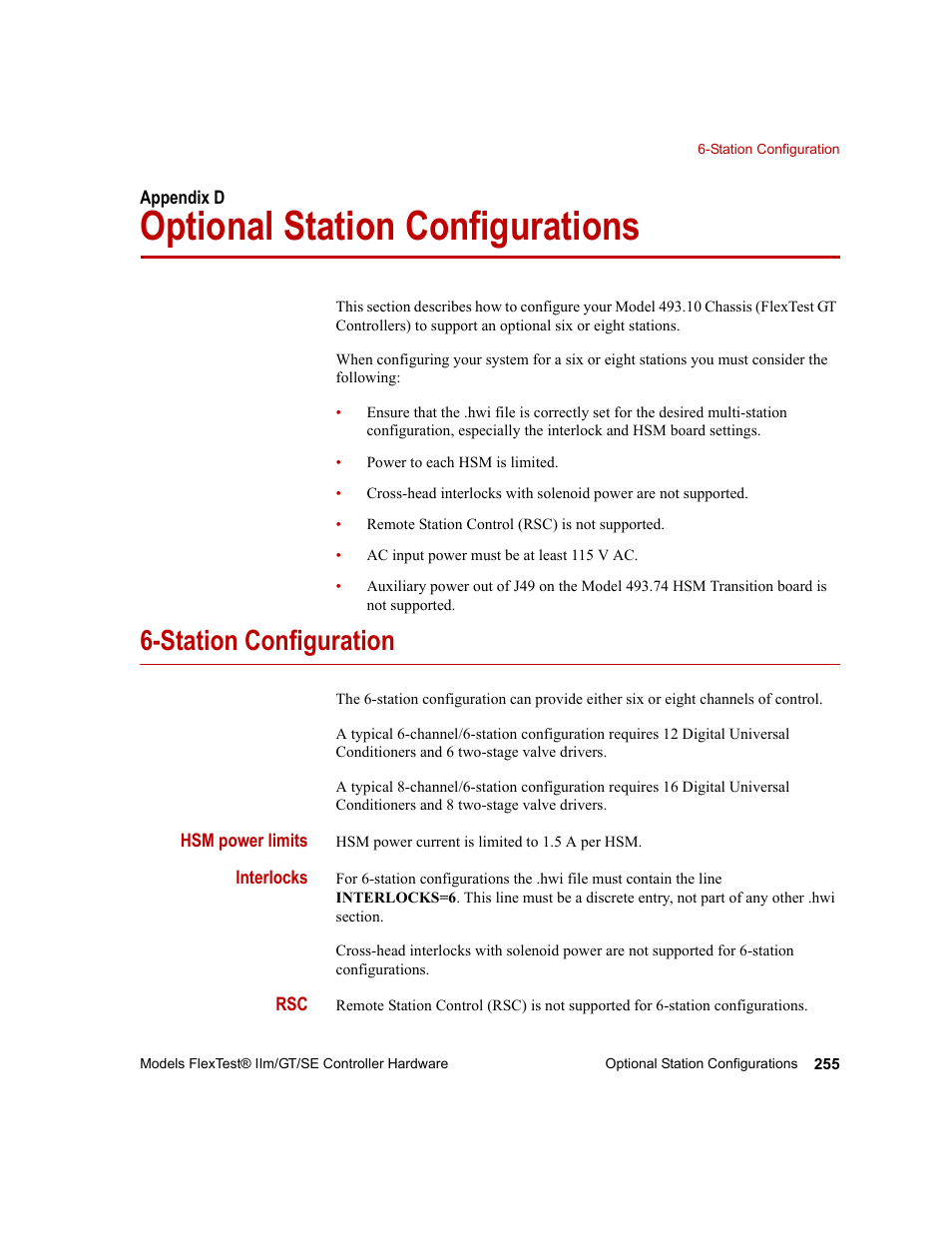 Optional station configurations, Station configuration, Appendix d | Optional station configurations 255, Station configuration 255 | MTS Model FlexTest SE User Manual | Page 255 / 264