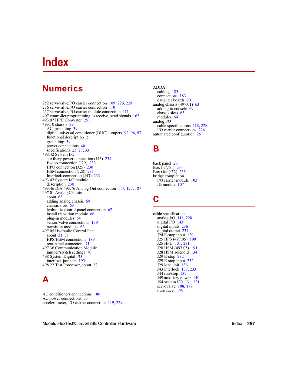 Index, Index 257, Numerics | MTS Model FlexTest SE User Manual | Page 257 / 264