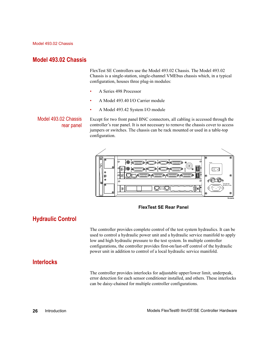 Model 493.02 chassis, Hydraulic control, Interlocks | Model 493.02 chassis 26, Hydraulic control 26, Interlocks 26 | MTS Model FlexTest SE User Manual | Page 26 / 264