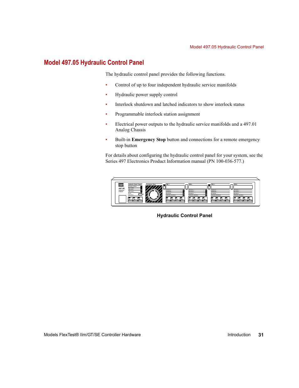 Model 497.05 hydraulic control panel, Model 497.05 hydraulic control panel 31 | MTS Model FlexTest SE User Manual | Page 31 / 264