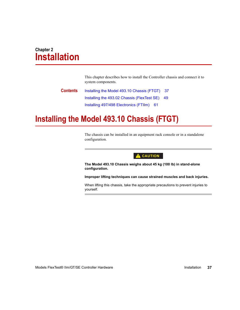 Installation, Installing the model 493.10 chassis (ftgt), Chapter 2 | Installation 37, Installing the model 493.10 chassis (ftgt) 37 | MTS Model FlexTest SE User Manual | Page 37 / 264