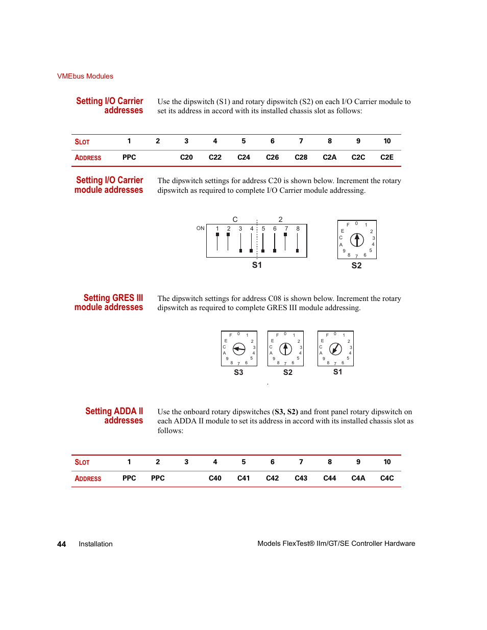 Setting i/o carrier addresses, Setting i/o carrier module addresses, Setting gres iii module addresses | Setting adda ii addresses, S1 s2 | MTS Model FlexTest SE User Manual | Page 44 / 264