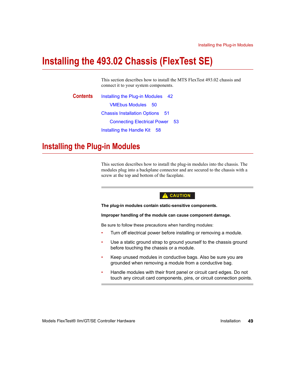 Installing the 493.02 chassis (flextest se), Installing the plug-in modules, Installing the 493.02 chassis (flextest se) 49 | Installing the plug-in modules 49 | MTS Model FlexTest SE User Manual | Page 49 / 264