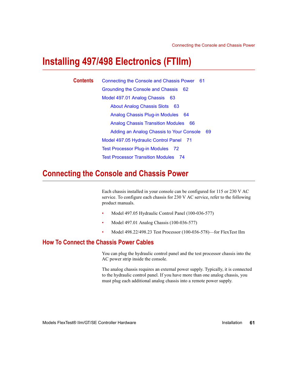 Installing 497/498 electronics (ftiim), Connecting the console and chassis power, How to connect the chassis power cables | Installing 497/498 electronics (ftiim) 61, Connecting the console and chassis power 61, How to connect the chassis power cables 61 | MTS Model FlexTest SE User Manual | Page 61 / 264