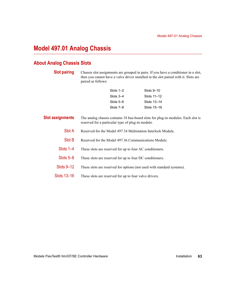 Model 497.01 analog chassis, About analog chassis slots, Model 497.01 analog chassis 63 | About analog chassis slots 63 | MTS Model FlexTest SE User Manual | Page 63 / 264