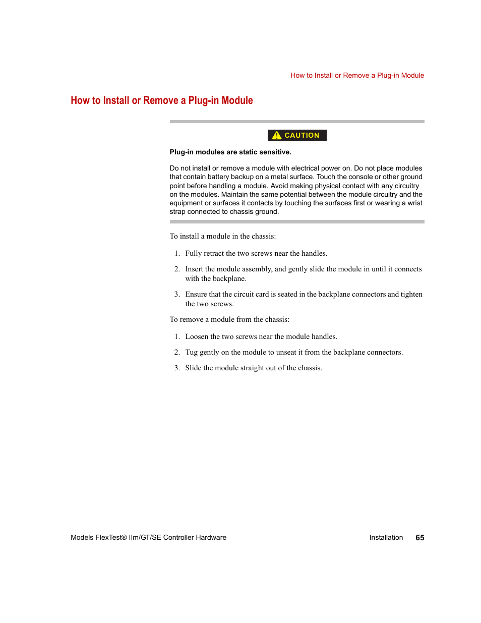 How to install or remove a plug-in module, How to install or remove a plug-in module 65 | MTS Model FlexTest SE User Manual | Page 65 / 264