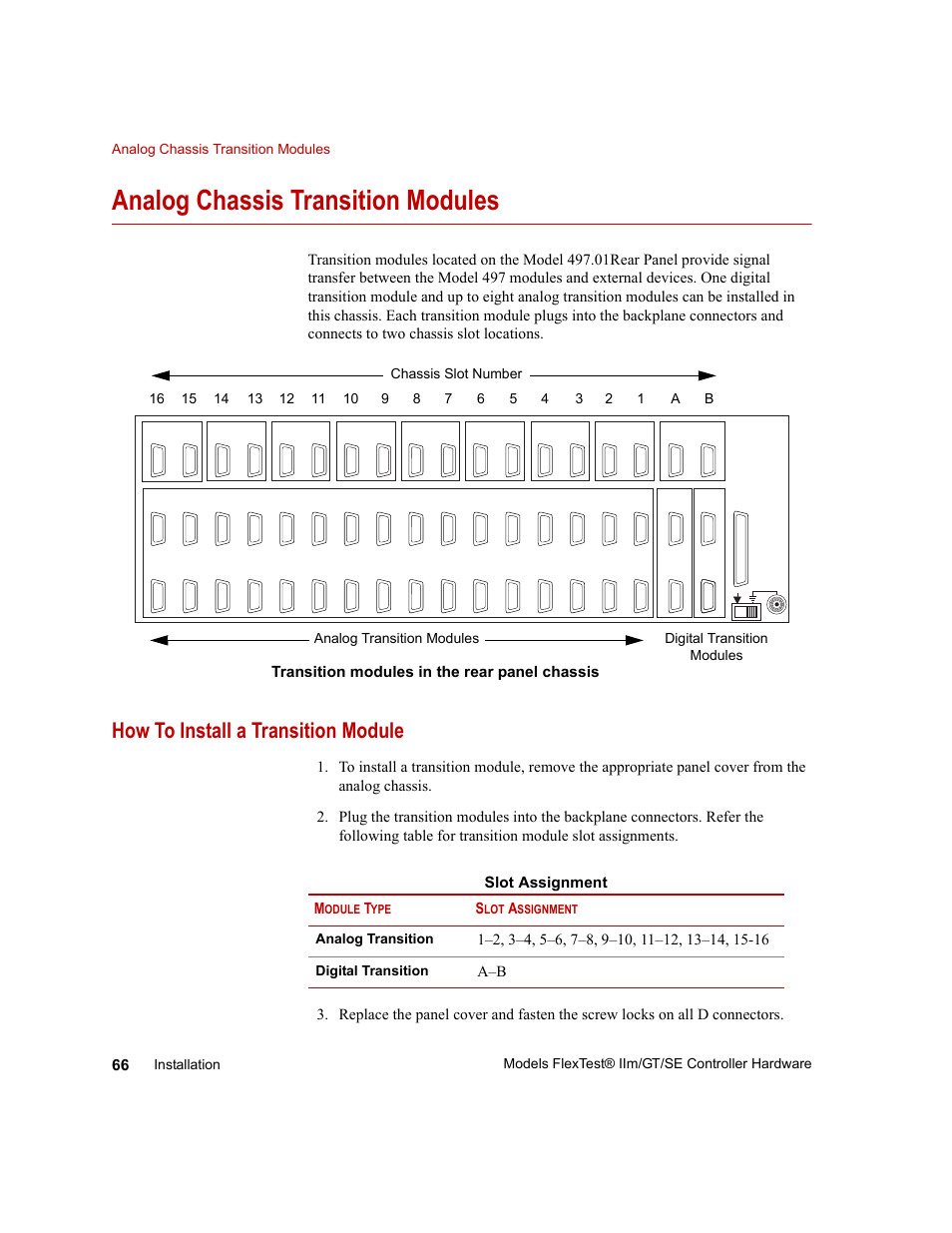 Analog chassis transition modules, How to install a transition module, Analog chassis transition modules 66 | How to install a transition module 66, Analog transition, Digital transition | MTS Model FlexTest SE User Manual | Page 66 / 264