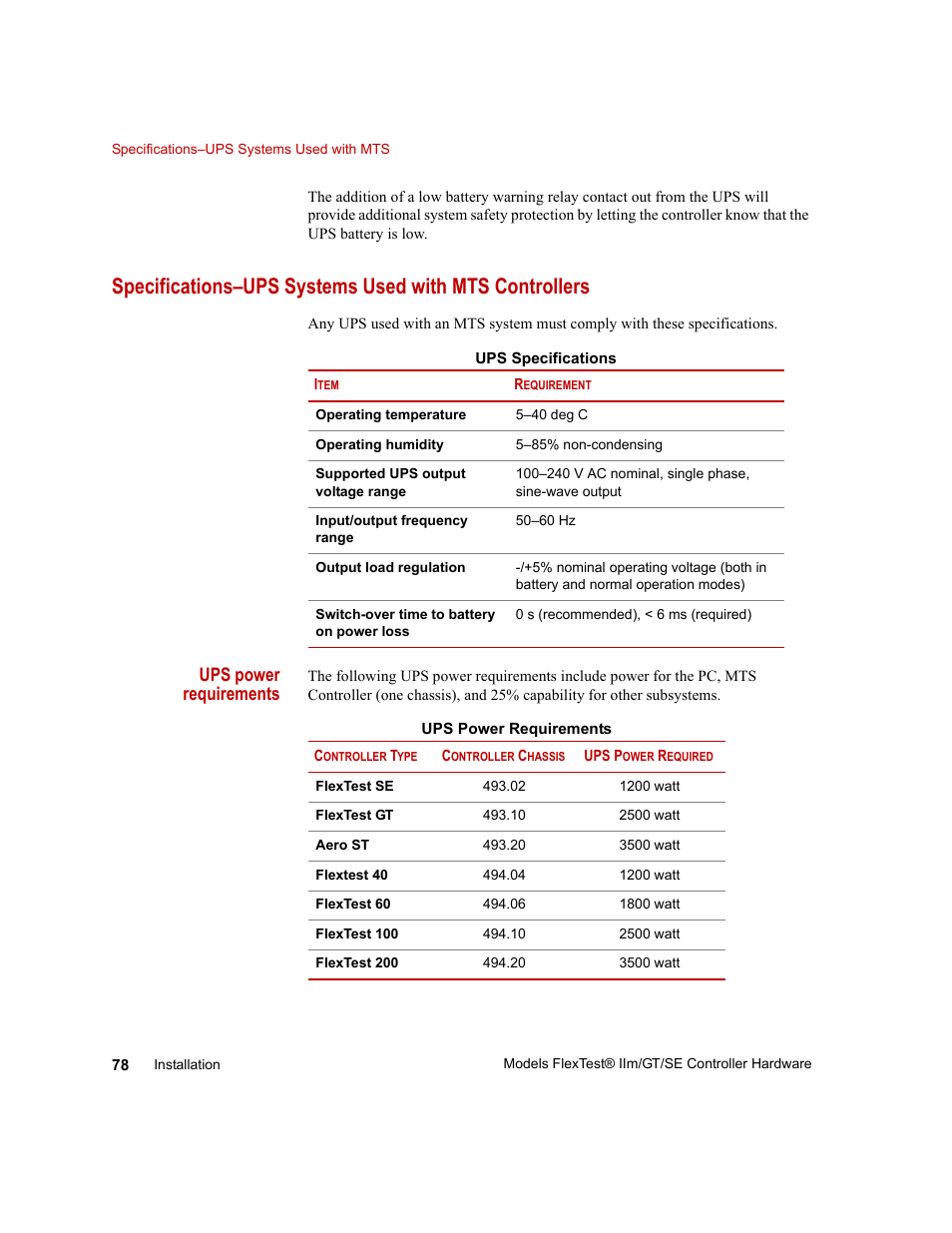 Ups power requirements | MTS Model FlexTest SE User Manual | Page 78 / 264