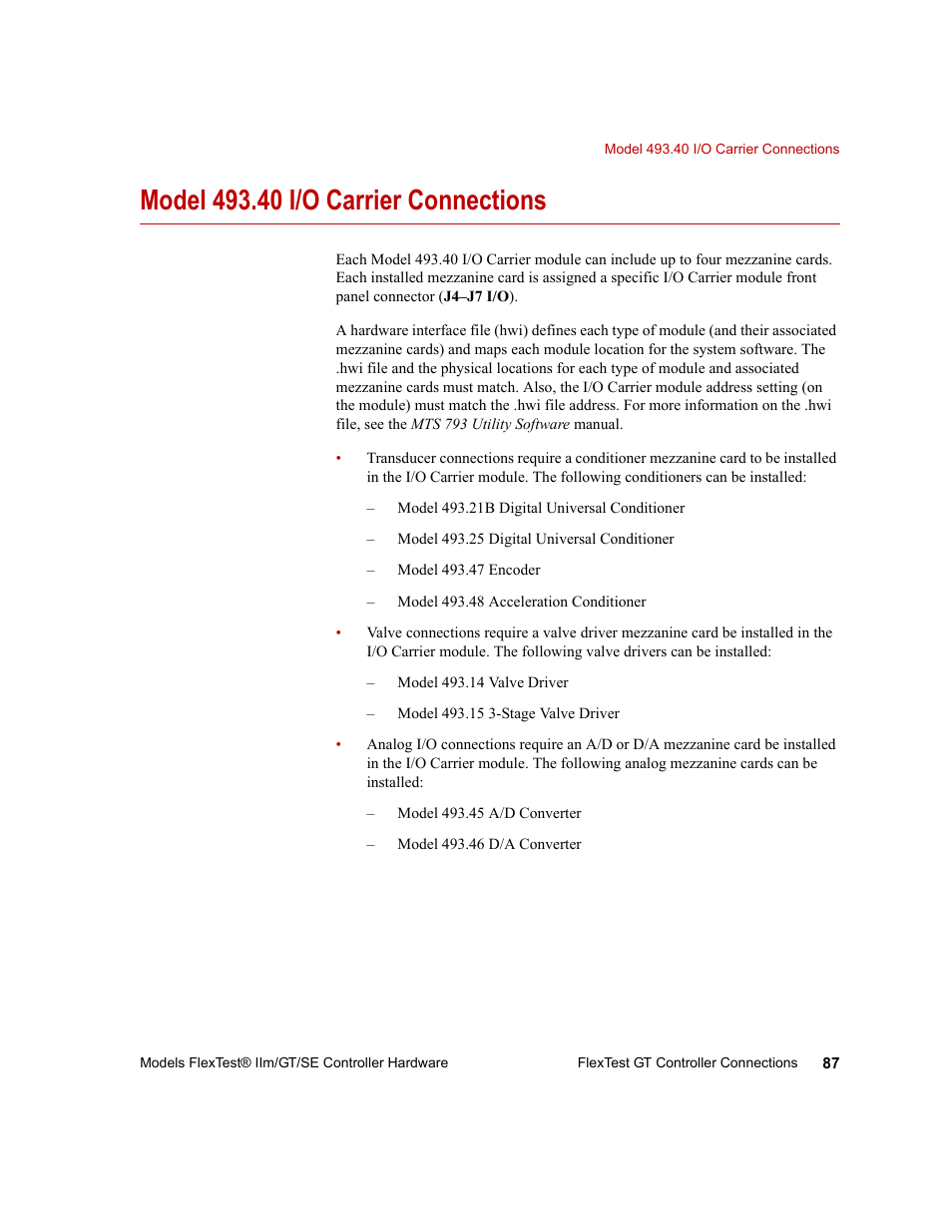 Model 493.40 i/o carrier connections, Model 493.40 i/o carrier connections 87 | MTS Model FlexTest SE User Manual | Page 87 / 264