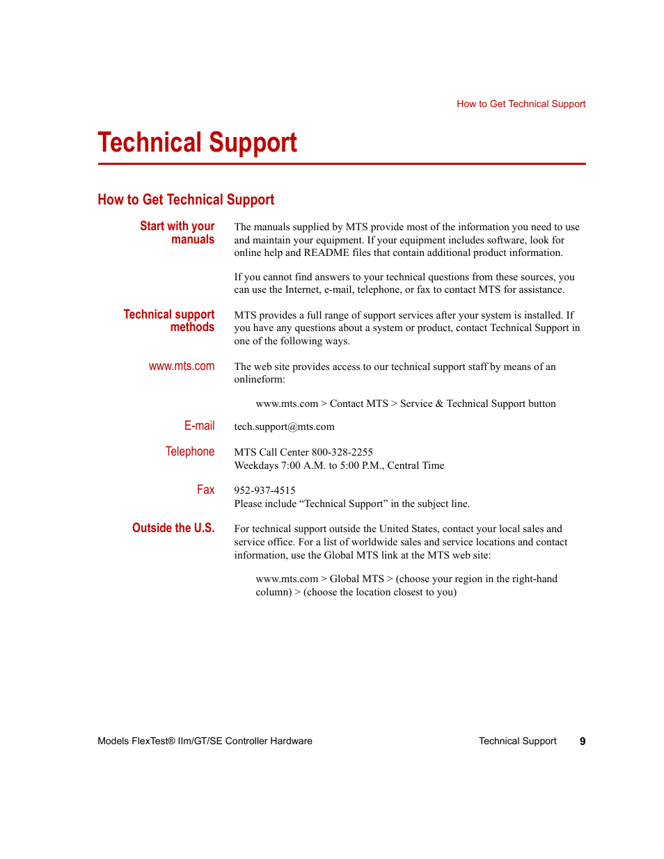 Technical support, How to get technical support, Technical support 9 | How to get technical support 9 | MTS Model FlexTest SE User Manual | Page 9 / 264