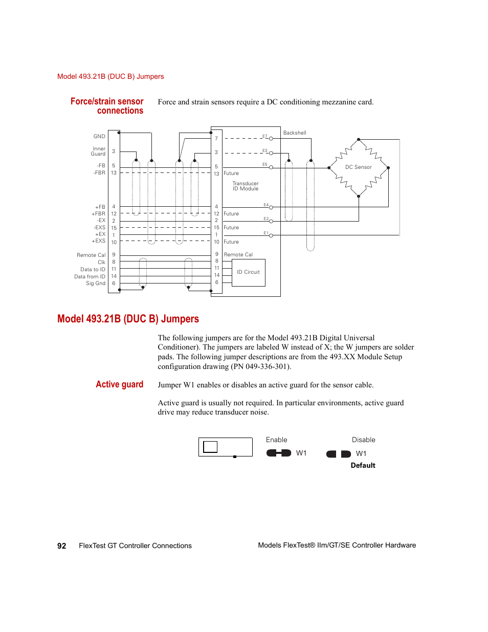 Model 493.21b (duc b) jumpers, Model 493.21b (duc b) jumpers 92, Force/strain sensor connections | Active guard | MTS Model FlexTest SE User Manual | Page 92 / 264