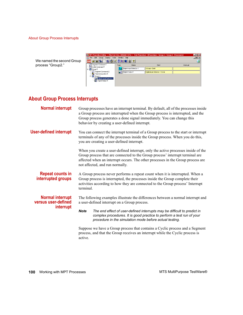 About group process interrupts, About group process interrupts 100 | MTS Series 793 Application User Manual | Page 100 / 576