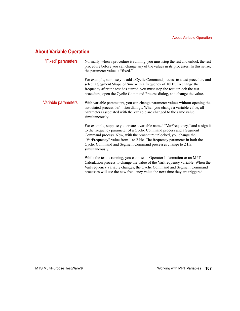 About variable operation, About variable operation 107 | MTS Series 793 Application User Manual | Page 107 / 576