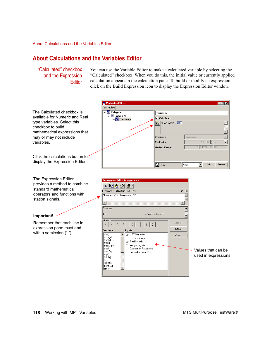 About calculations and the variables editor, About calculations and the variables editor 118 | MTS Series 793 Application User Manual | Page 118 / 576