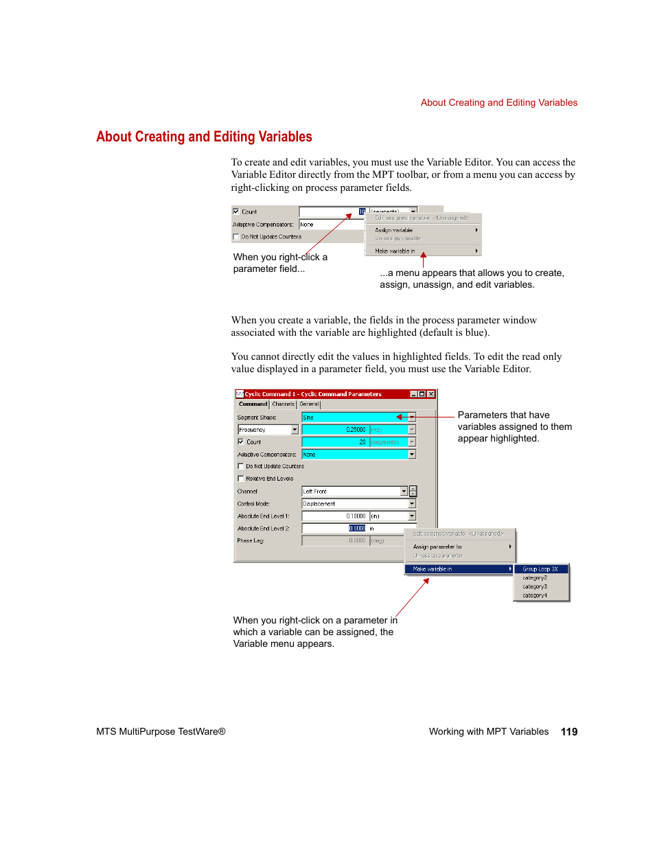 About creating and editing variables, About creating and editing variables 119 | MTS Series 793 Application User Manual | Page 119 / 576