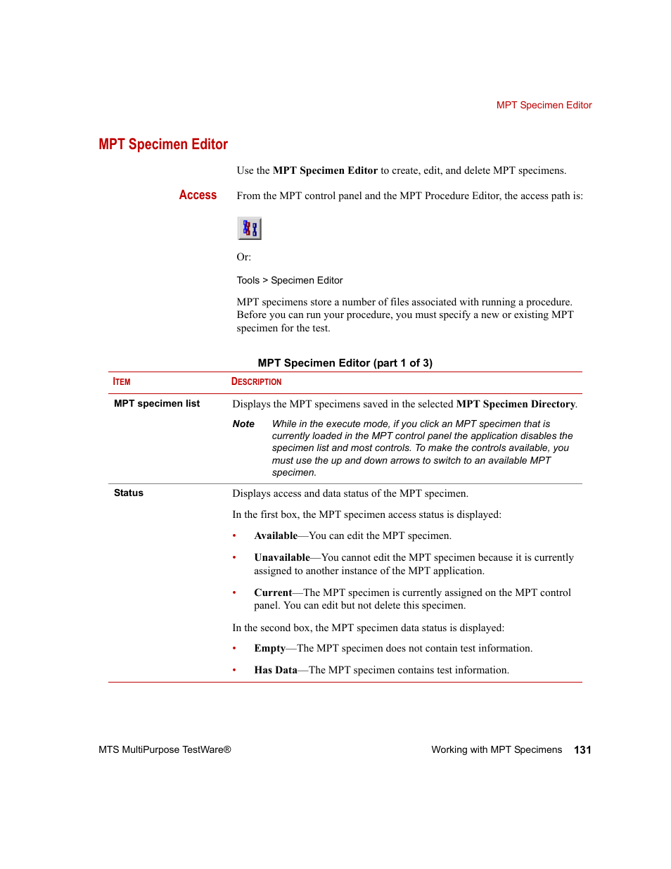 Mpt specimen editor, Mpt specimen editor 131 | MTS Series 793 Application User Manual | Page 131 / 576
