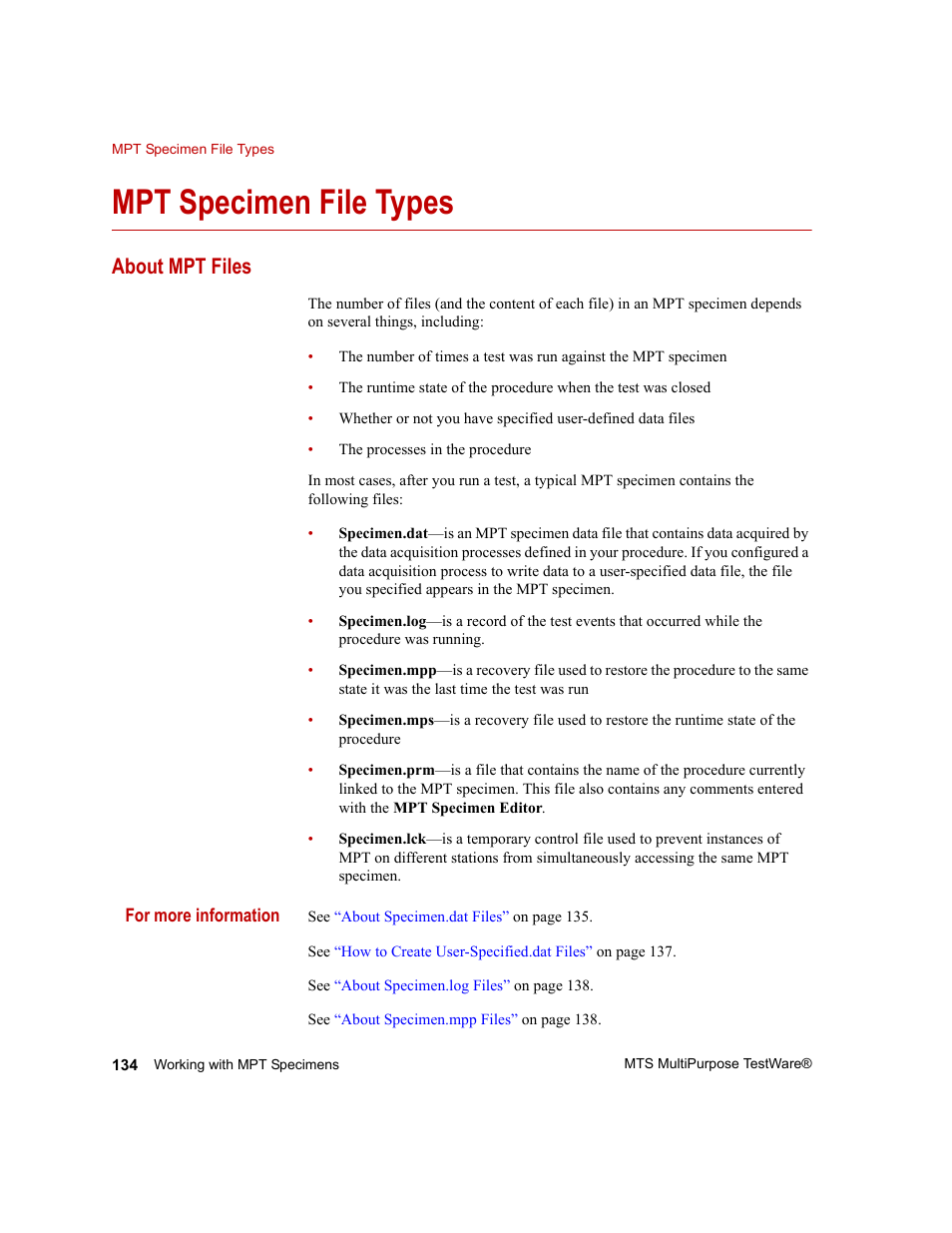 Mpt specimen file types, About mpt files, Mpt specimen file types 134 | About mpt files 134, About, Mpt files | MTS Series 793 Application User Manual | Page 134 / 576