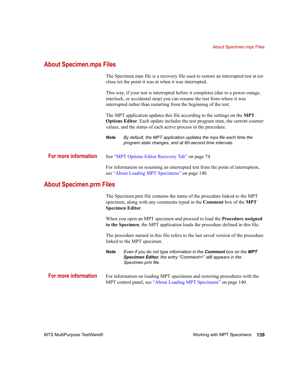 About specimen.mps files, About specimen.prm files, About specimen.mps files 139 | About specimen.prm files 139 | MTS Series 793 Application User Manual | Page 139 / 576