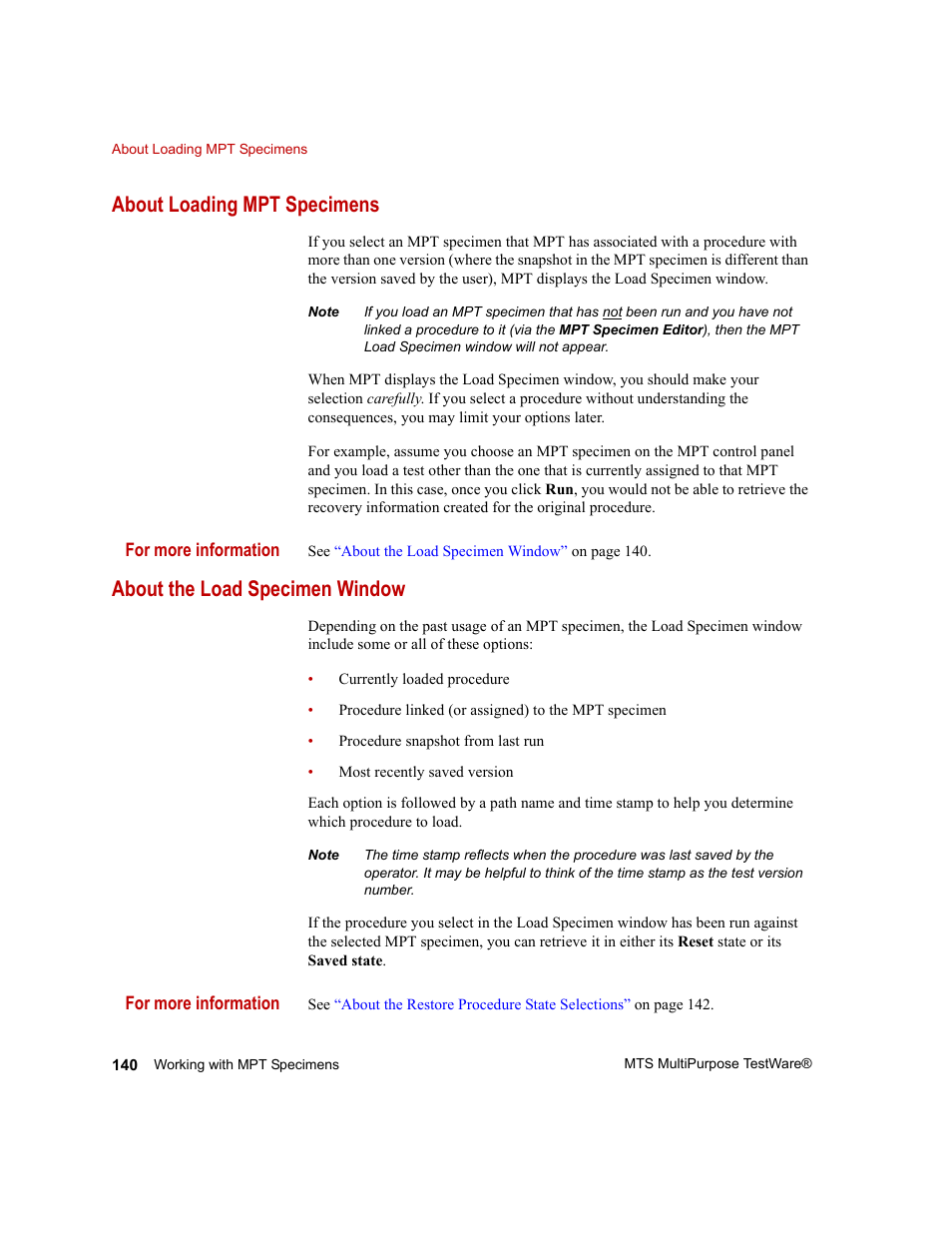 About loading mpt specimens, About the load specimen window, About loading mpt specimens 140 | About the load specimen window 140, Ion, see, About loading mpt, Specimens, Gs, see | MTS Series 793 Application User Manual | Page 140 / 576