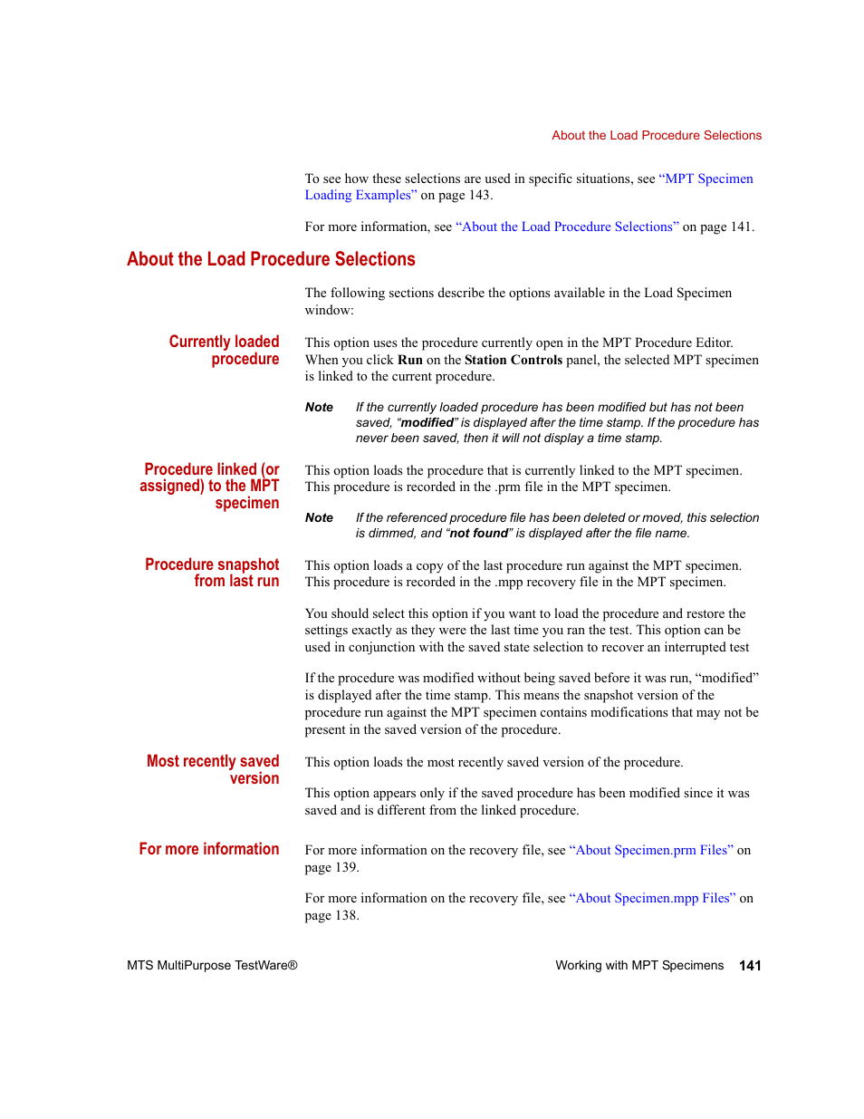 About the load procedure selections, About the load procedure selections 141 | MTS Series 793 Application User Manual | Page 141 / 576