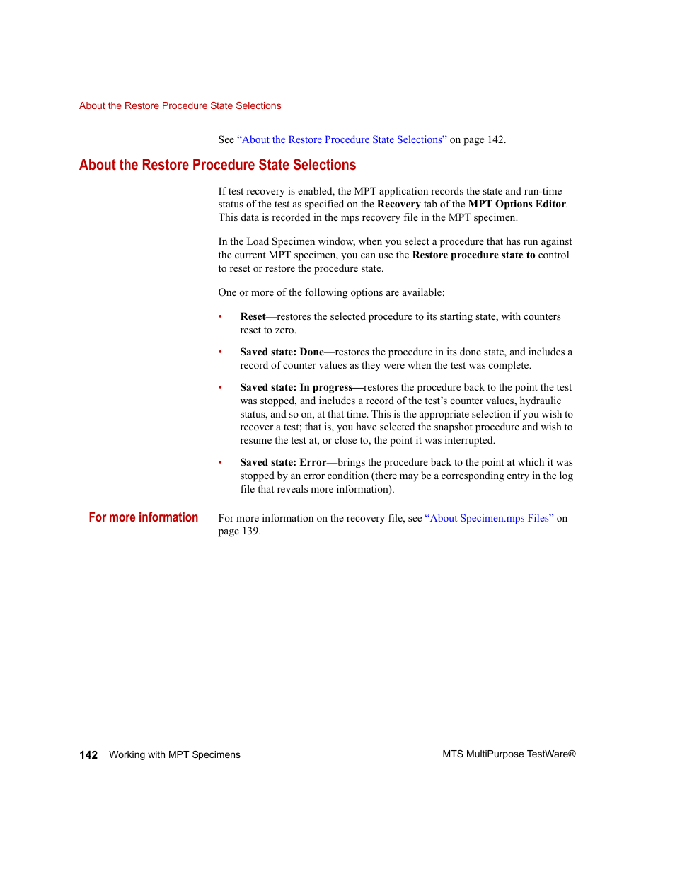 About the restore procedure state selections, About the restore procedure state selections 142 | MTS Series 793 Application User Manual | Page 142 / 576