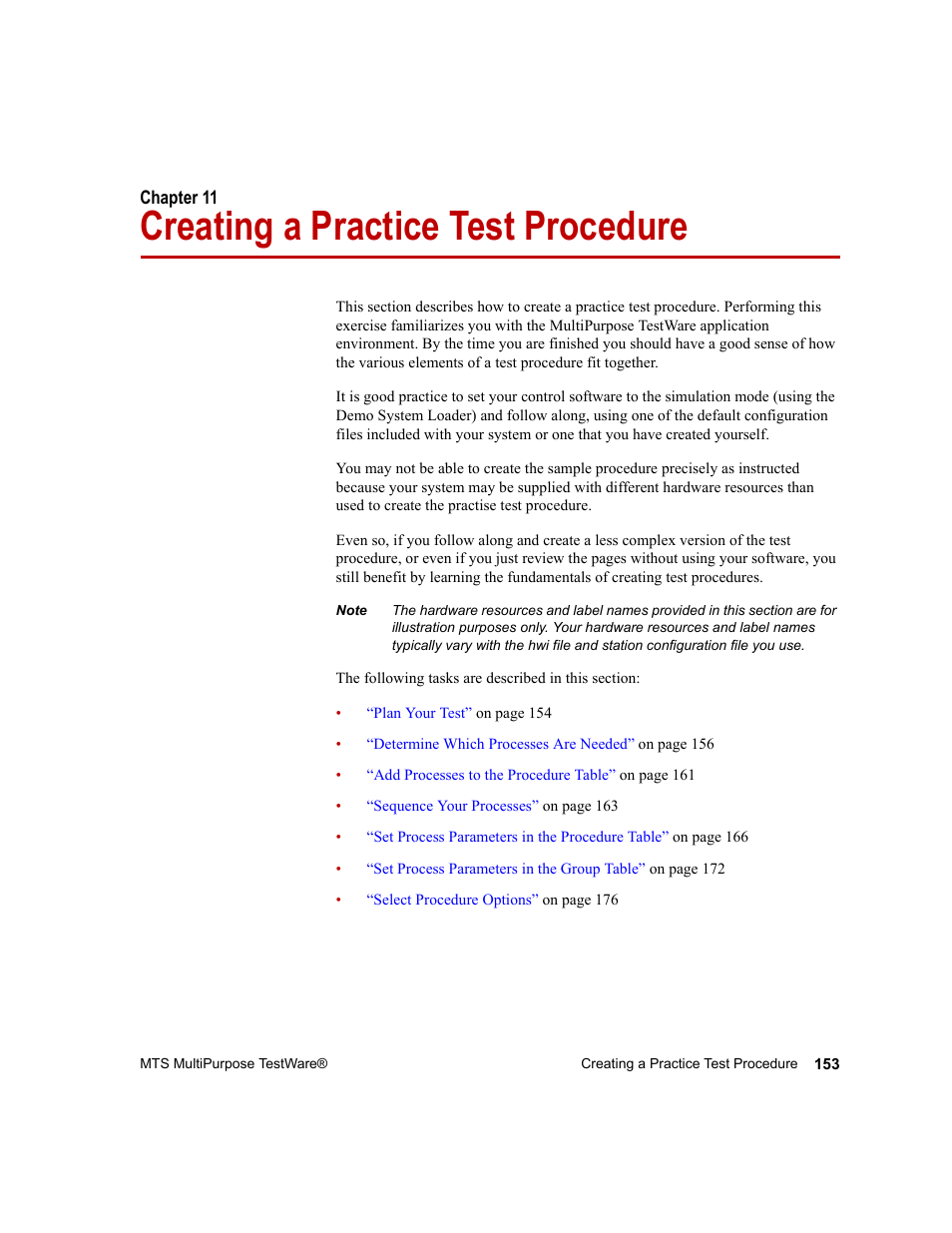 Creating a practice test procedure, Chapter 11, Creating a practice test procedure 153 | Creating a practice test, Procedure | MTS Series 793 Application User Manual | Page 153 / 576