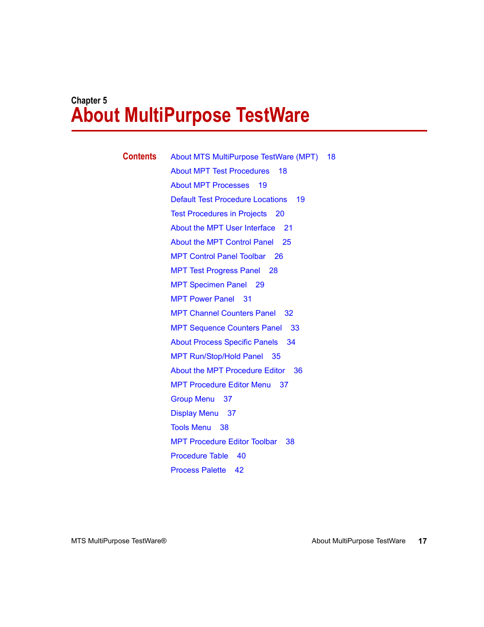 About multipurpose testware, Chapter 5, About multipurpose testware 17 | MTS Series 793 Application User Manual | Page 17 / 576