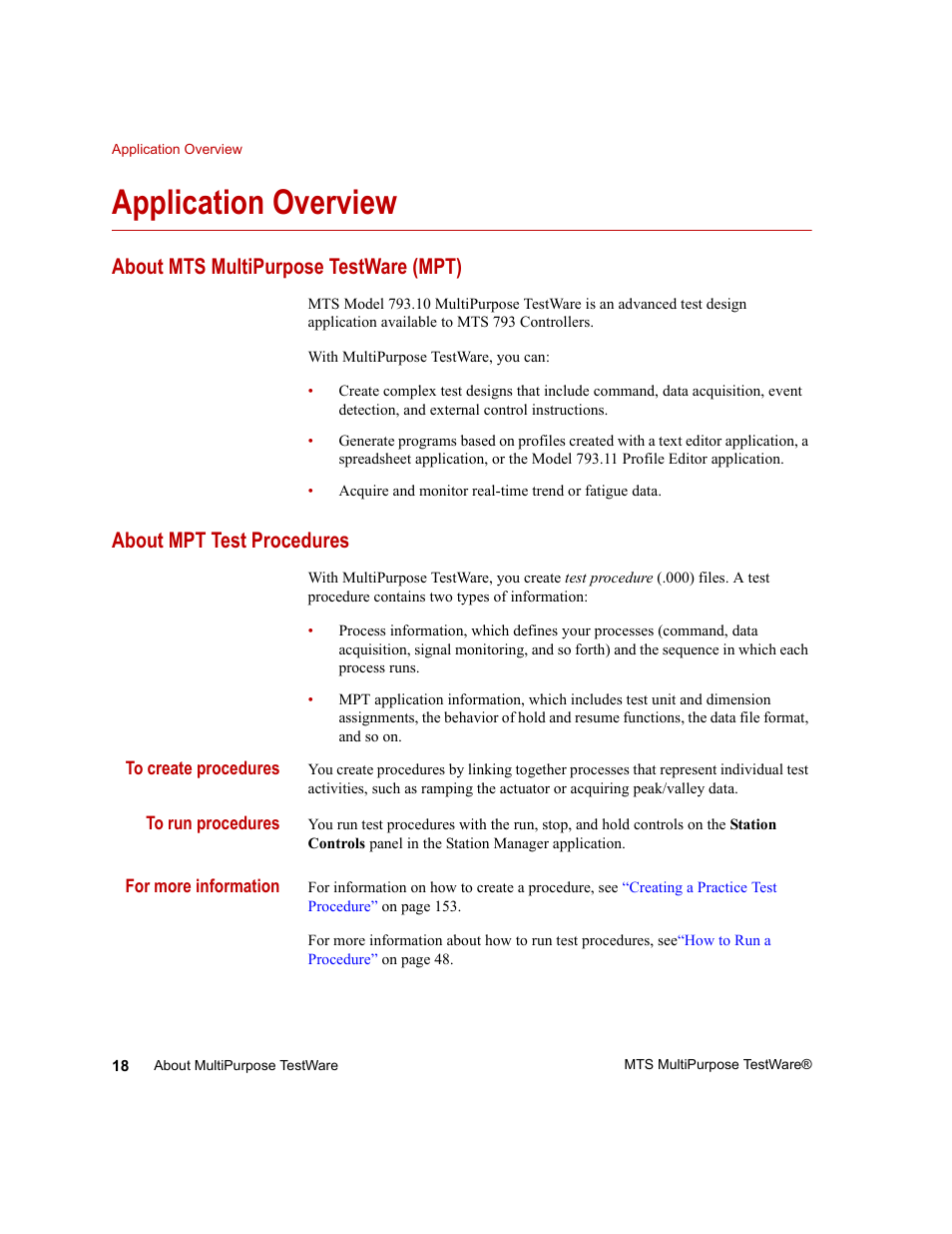 Application overview, About mts multipurpose testware (mpt), About mpt test procedures | Application overview 18, About mts multipurpose testware (mpt) 18, About mpt test procedures 18 | MTS Series 793 Application User Manual | Page 18 / 576