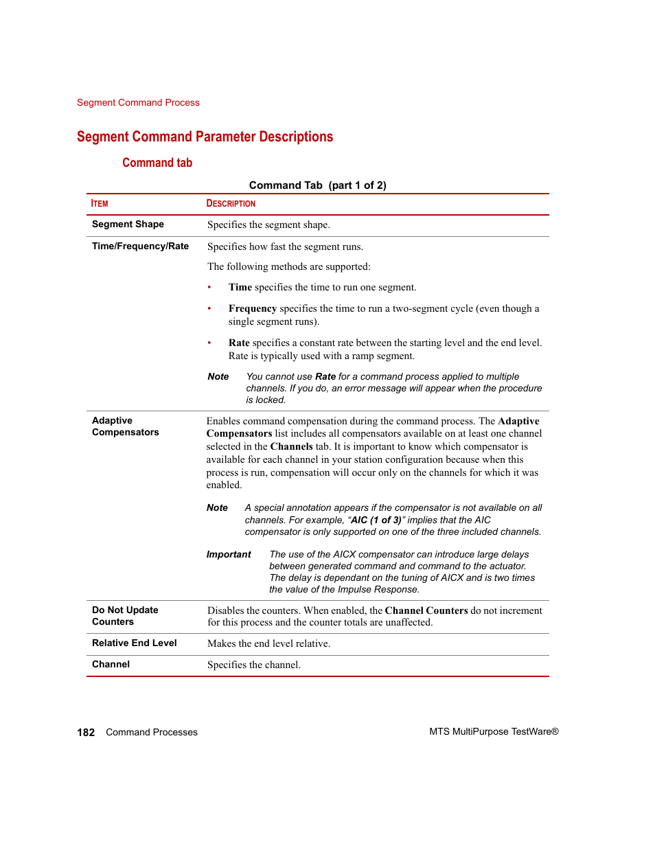 Segment command parameter descriptions, Segment command, Parameter descriptions | MTS Series 793 Application User Manual | Page 182 / 576