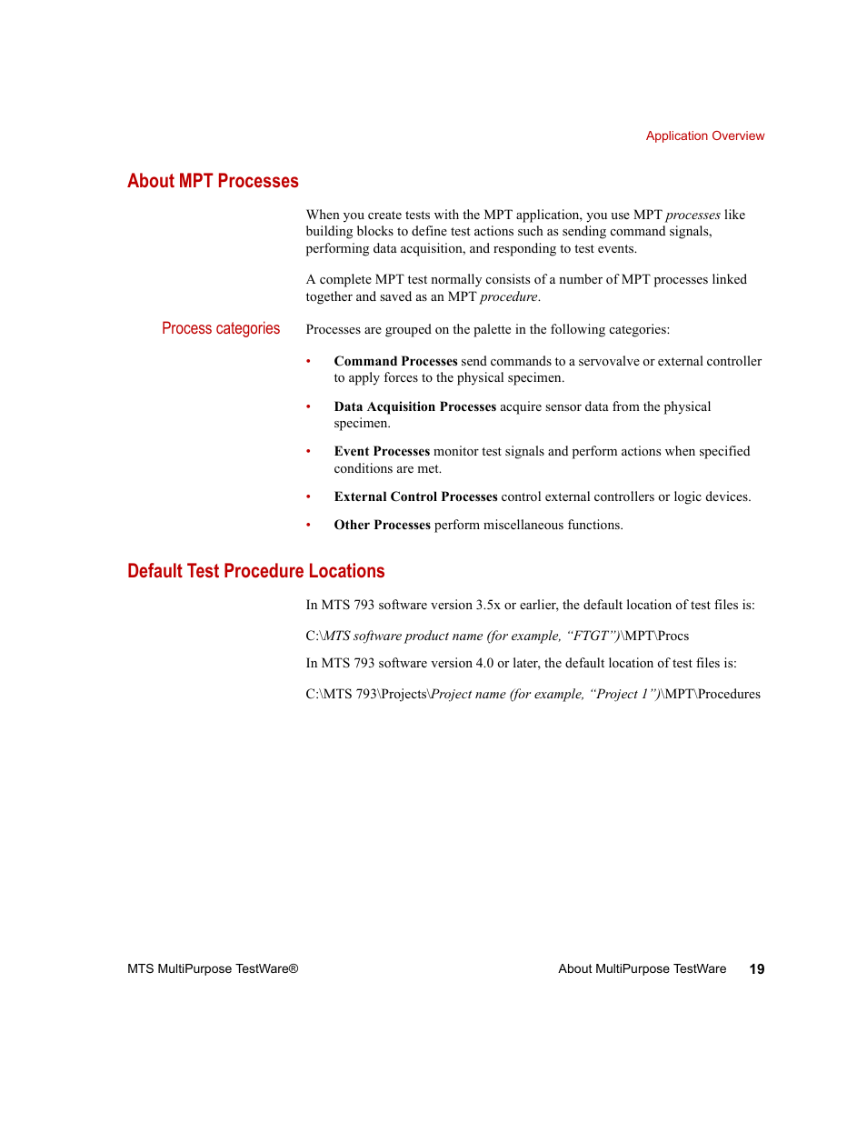 About mpt processes, Default test procedure locations, About mpt processes 19 | Default test procedure locations 19 | MTS Series 793 Application User Manual | Page 19 / 576