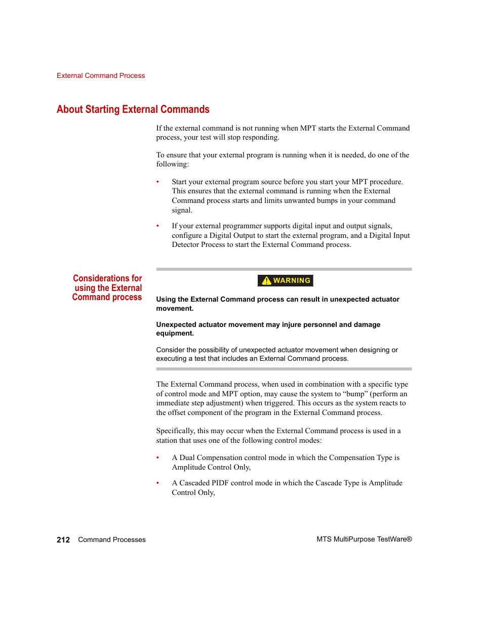 About starting external commands | MTS Series 793 Application User Manual | Page 212 / 576