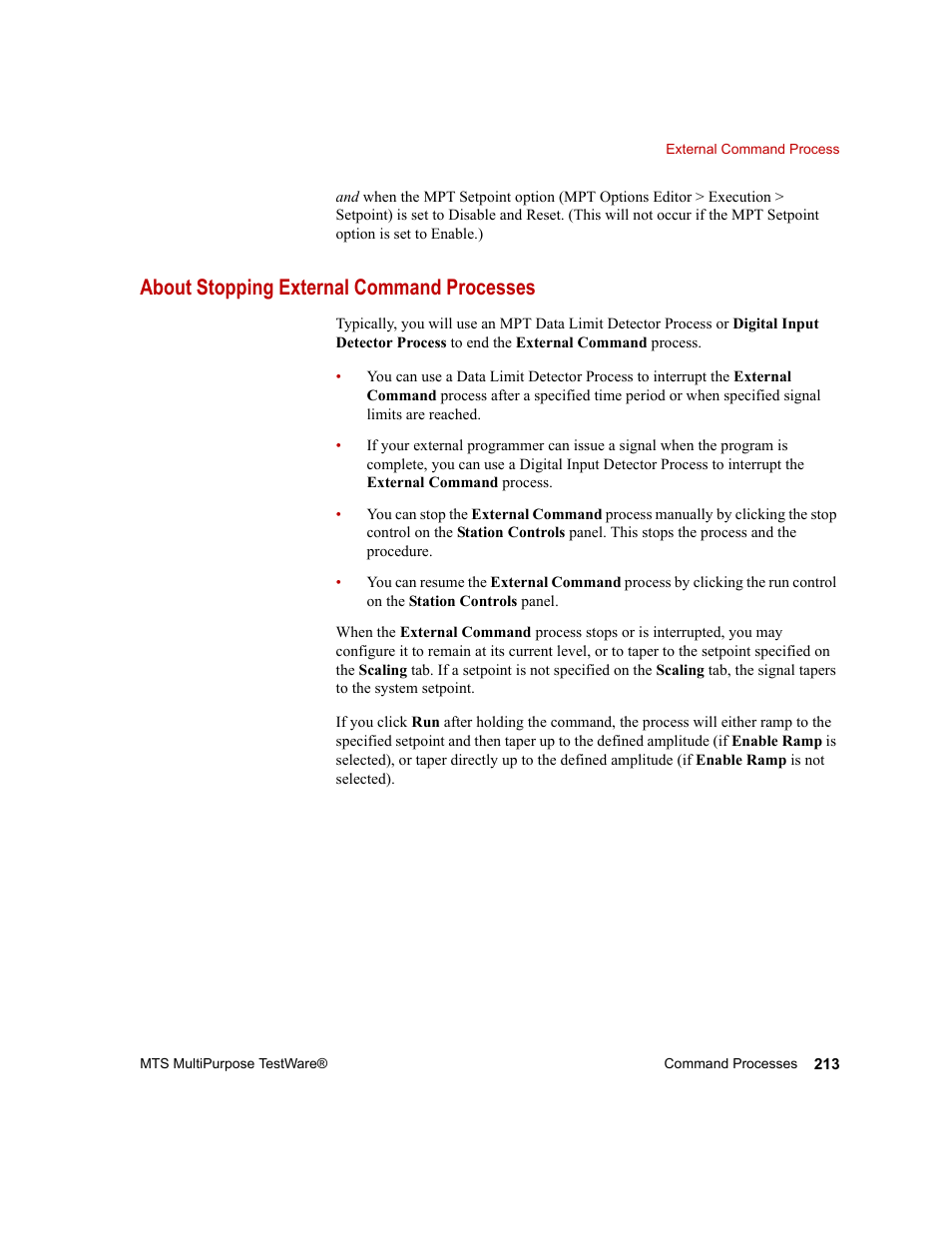 About stopping external command processes | MTS Series 793 Application User Manual | Page 213 / 576