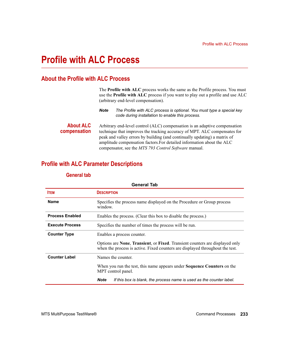 Profile with alc process, About the profile with alc process, Profile with alc parameter descriptions | Profile with alc process 233 | MTS Series 793 Application User Manual | Page 233 / 576