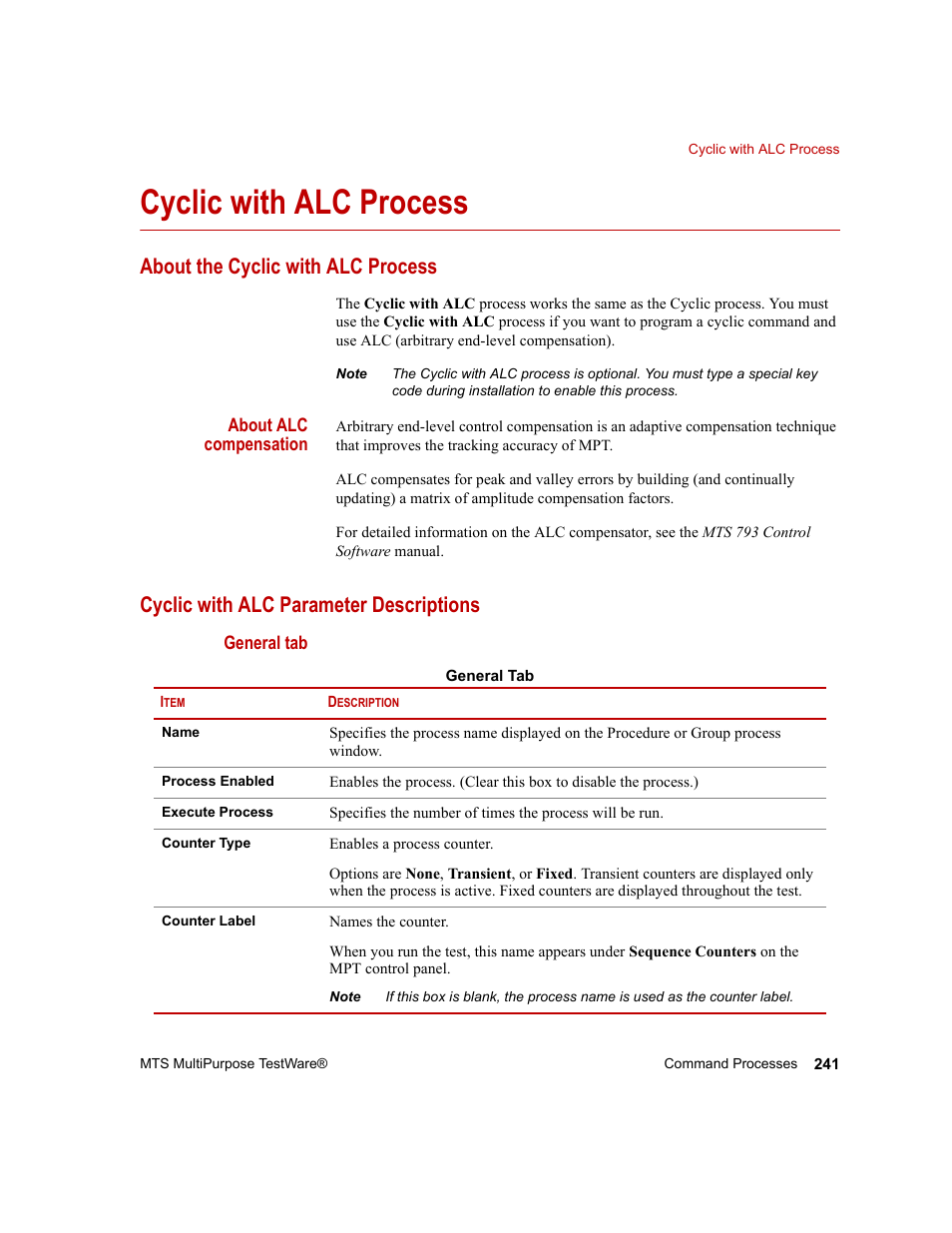 Cyclic with alc process, About the cyclic with alc process, Cyclic with alc parameter descriptions | Cyclic with alc process 241 | MTS Series 793 Application User Manual | Page 241 / 576