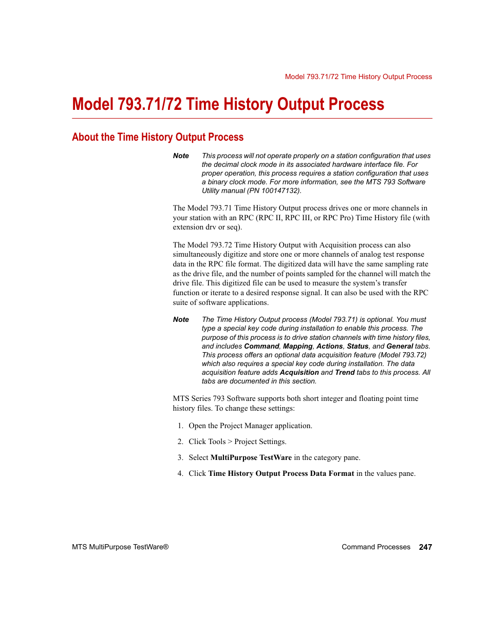 Model 793.71/72 time history output process, About the time history output process, Model 793.71/72 time history output process 247 | MTS Series 793 Application User Manual | Page 247 / 576