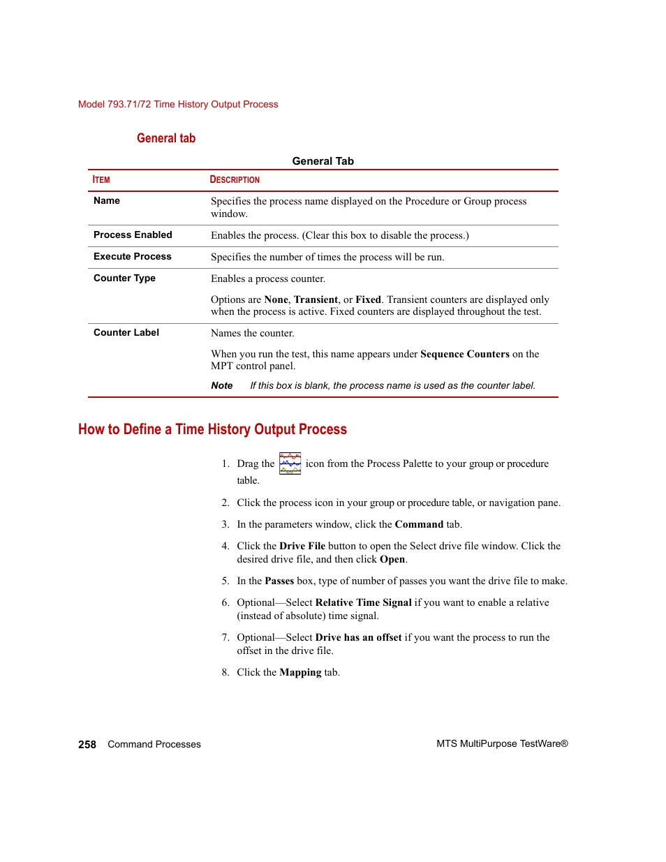 How to define a time history output process | MTS Series 793 Application User Manual | Page 258 / 576