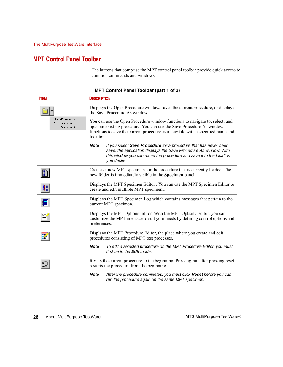 Mpt control panel toolbar, Mpt control panel toolbar 26 | MTS Series 793 Application User Manual | Page 26 / 576