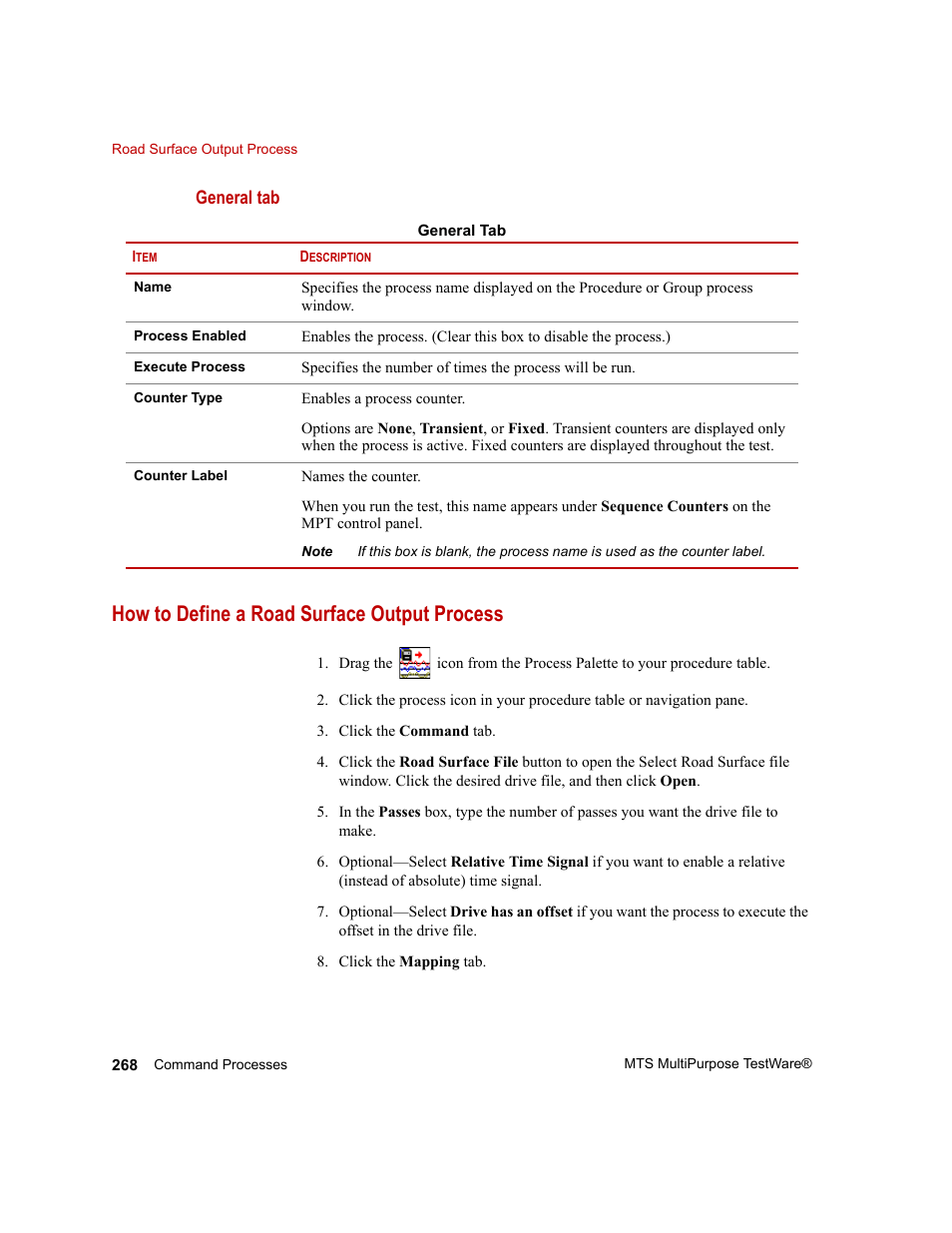 How to define a road surface output process | MTS Series 793 Application User Manual | Page 268 / 576