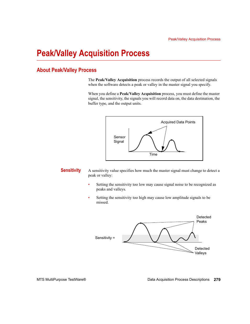 Peak/valley acquisition process, About peak/valley process, Peak/valley acquisition process 279 | MTS Series 793 Application User Manual | Page 279 / 576