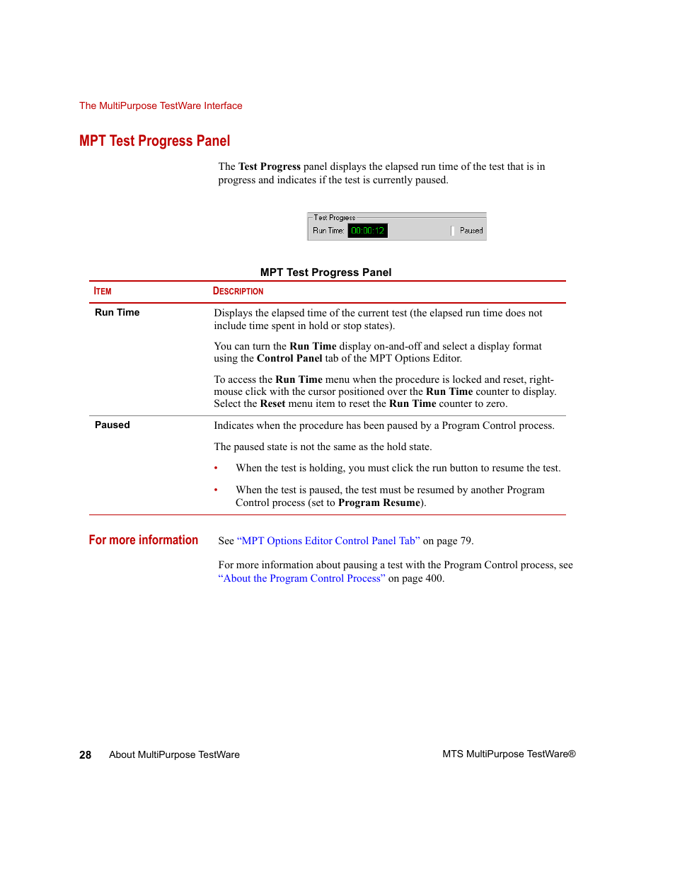 Mpt test progress panel, Mpt test progress panel 28 | MTS Series 793 Application User Manual | Page 28 / 576