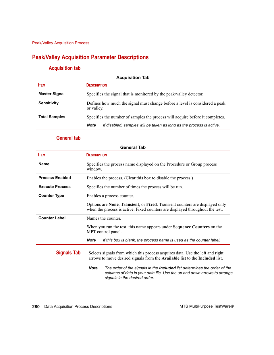 Peak/valley acquisition parameter descriptions | MTS Series 793 Application User Manual | Page 280 / 576