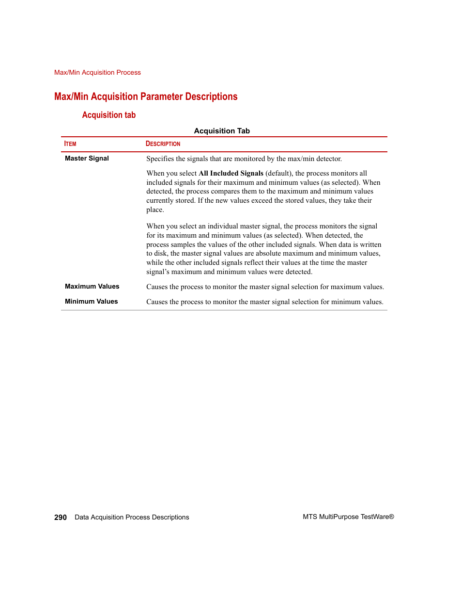 Max/min acquisition parameter descriptions | MTS Series 793 Application User Manual | Page 290 / 576