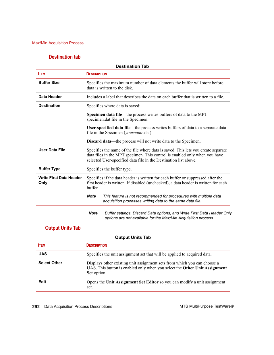 Destination tab, Output units tab | MTS Series 793 Application User Manual | Page 292 / 576