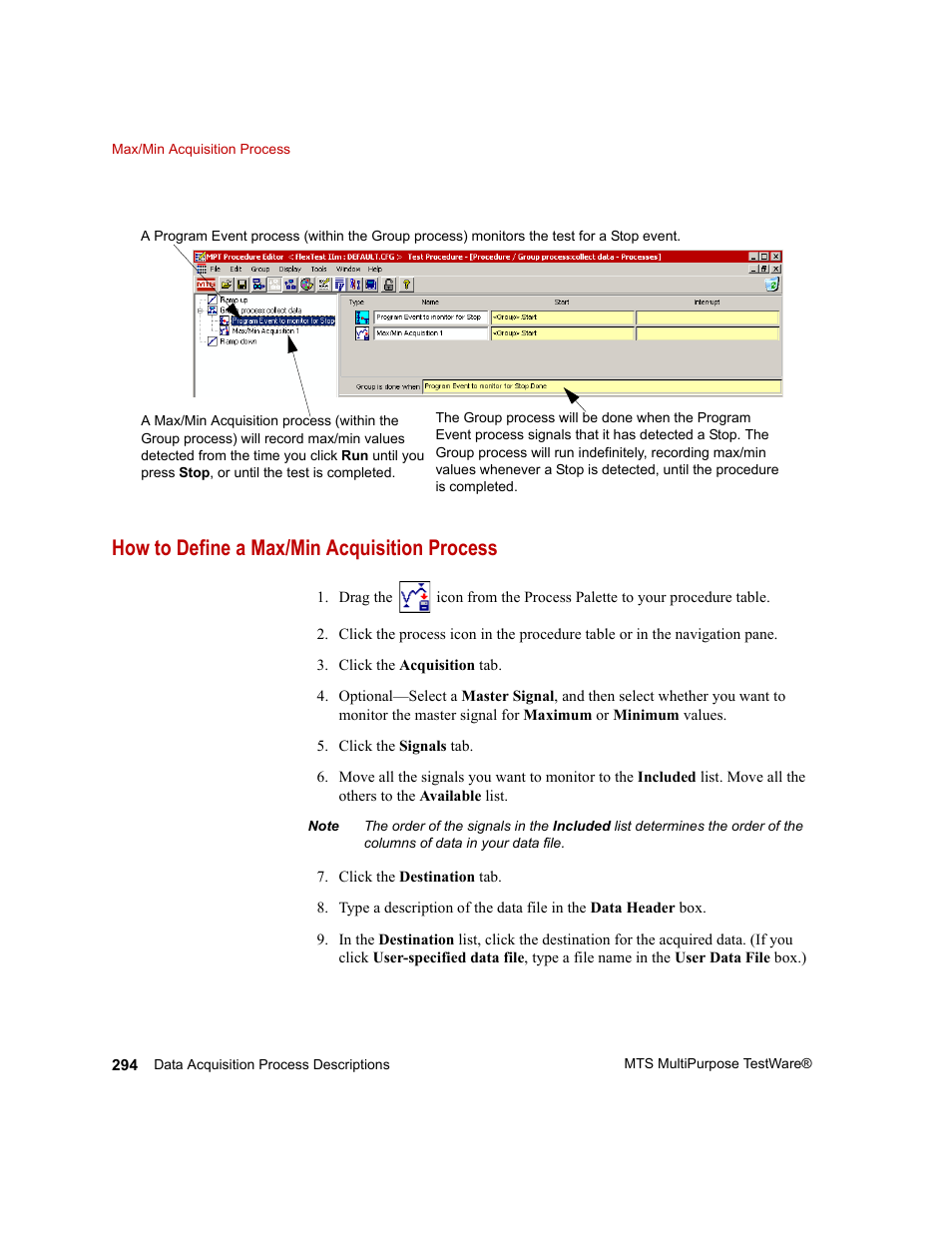 How to define a max/min acquisition process | MTS Series 793 Application User Manual | Page 294 / 576